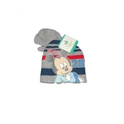 Set 2pz Cappello Cappellino Muffole Guanti Bimbo Bambino Disney Baby Mickey Grigio Tg 50